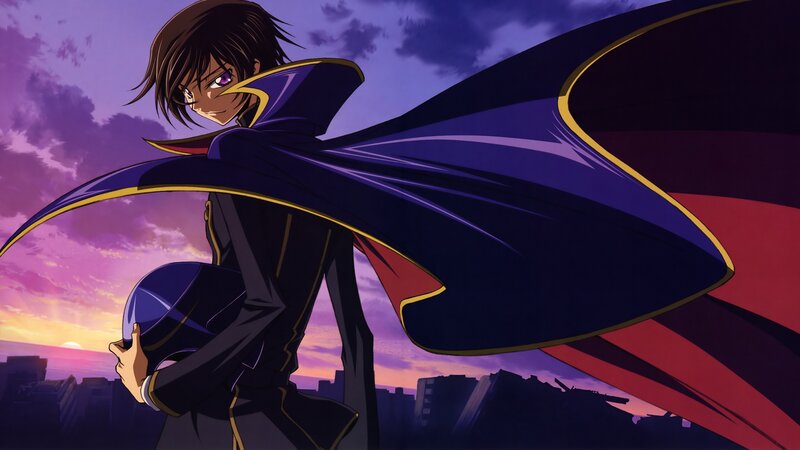 Anime Character with Cape — Purple, Dramatic, Sunset, City Skyline