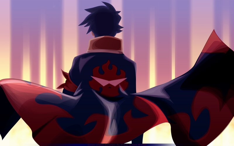 Anime Character with Cape — Purple, Dramatic, Sunset, Flame Symbol