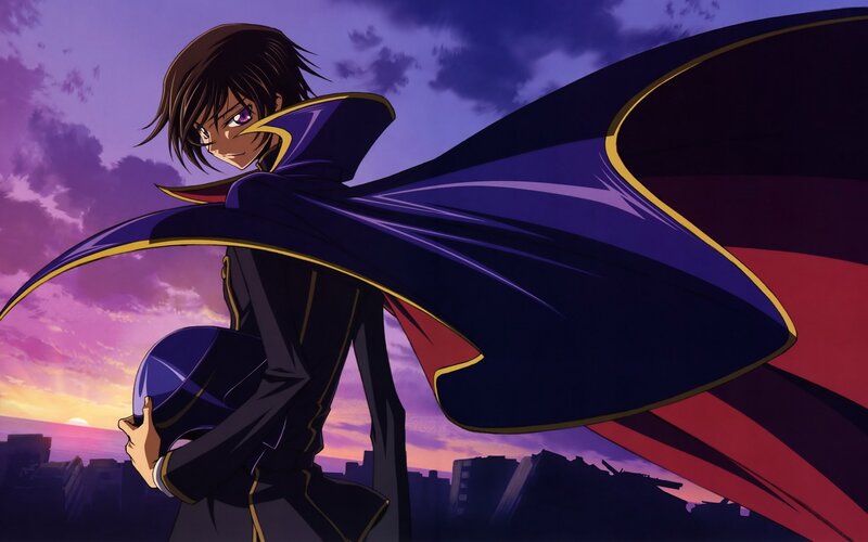 Anime Character with Cape — Purple, Dramatic, Sunset