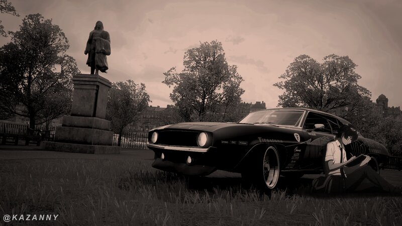 Anime Character with Car — Black, Dramatic, Digital Art