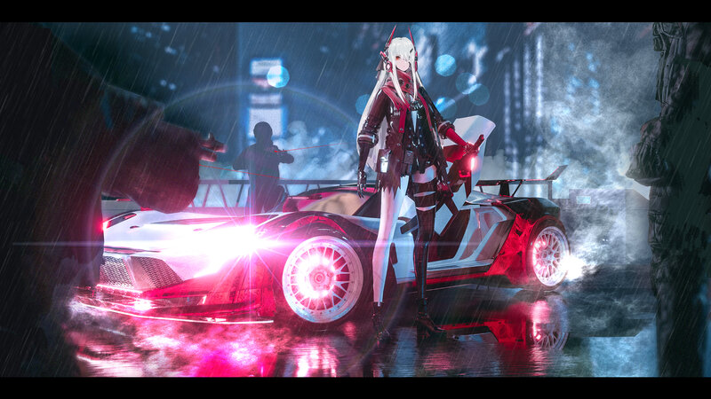 Anime Character with Car — Red, Dramatic