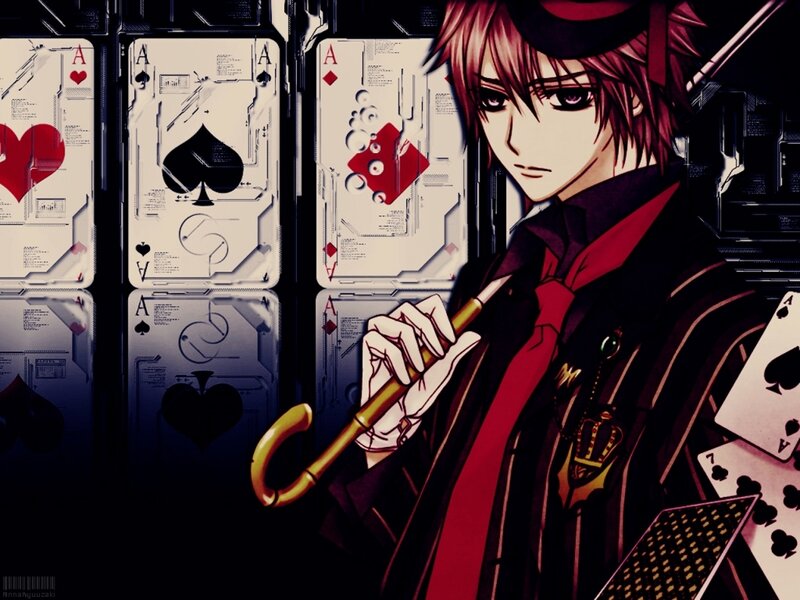 anime character with cards and cane