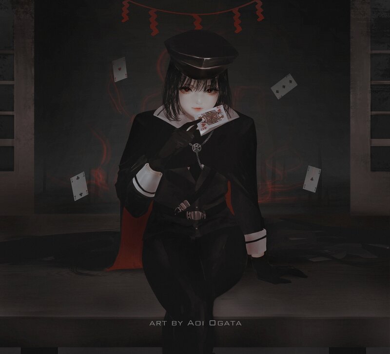 Anime Character with Cards — Black, Dramatic, Night