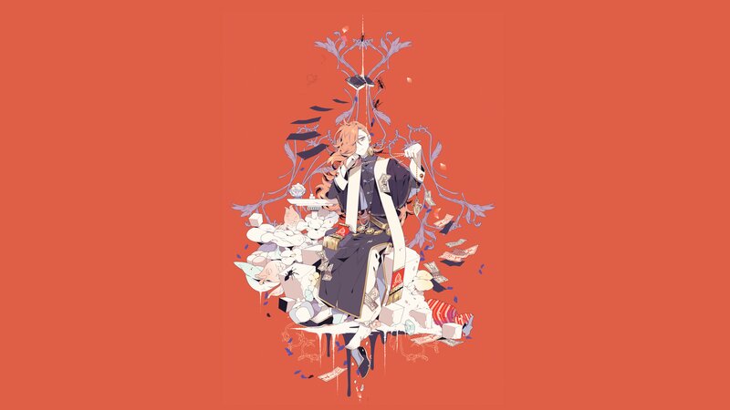 Anime Character with Cards — Red, Dramatic, Digital Art
