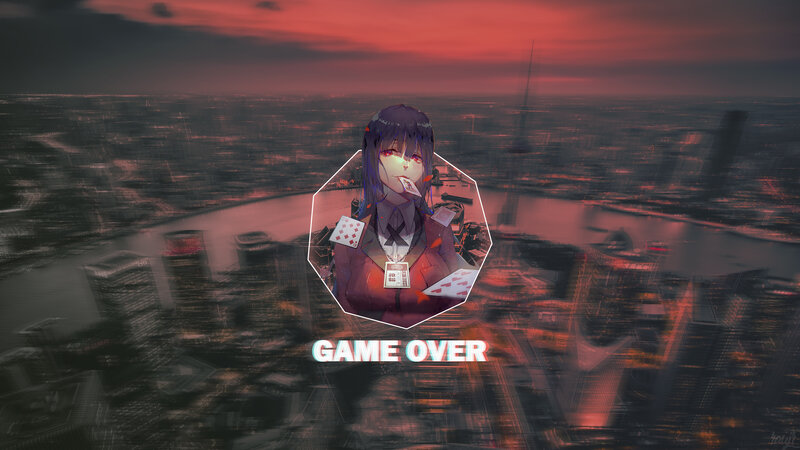 Anime Character with Cards — Red, Dramatic, Sunset
