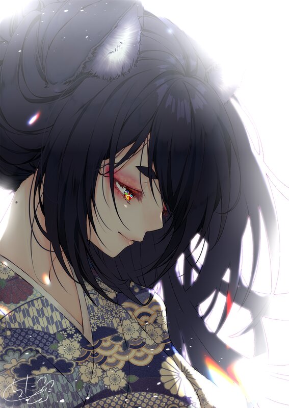 Anime Character with Cat Ears — Black, Dramatic, Digital Art, Kimono