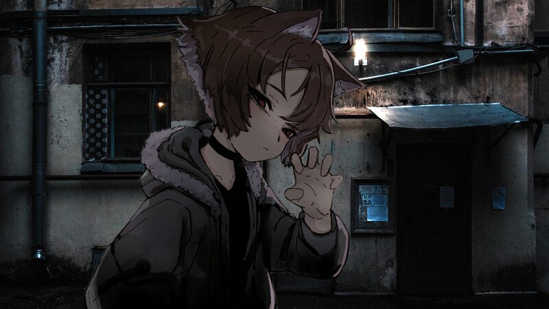 Anime Character with Cat Ears — Gray, Dark
