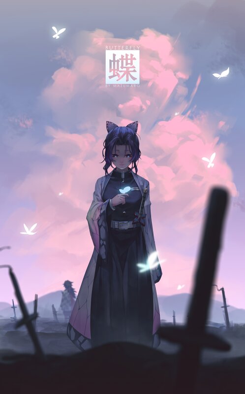 Anime Character with Cat Ears — Purple, Dramatic, Sunset