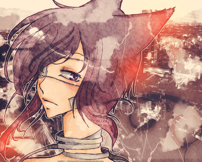 Anime Character with Cat Ears — Red, Dramatic, Sunset