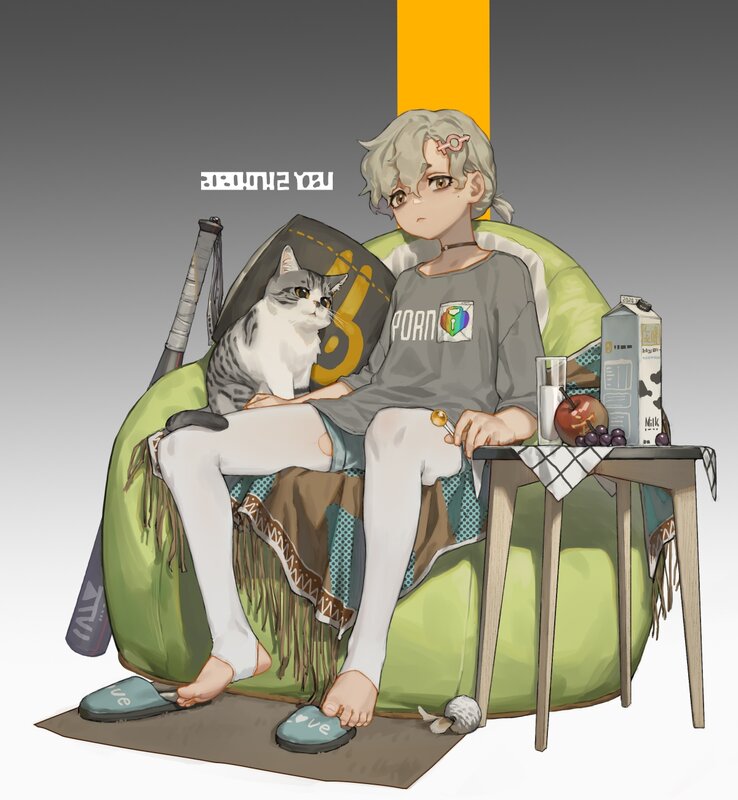 Anime Character with Cat — Green, Relaxed