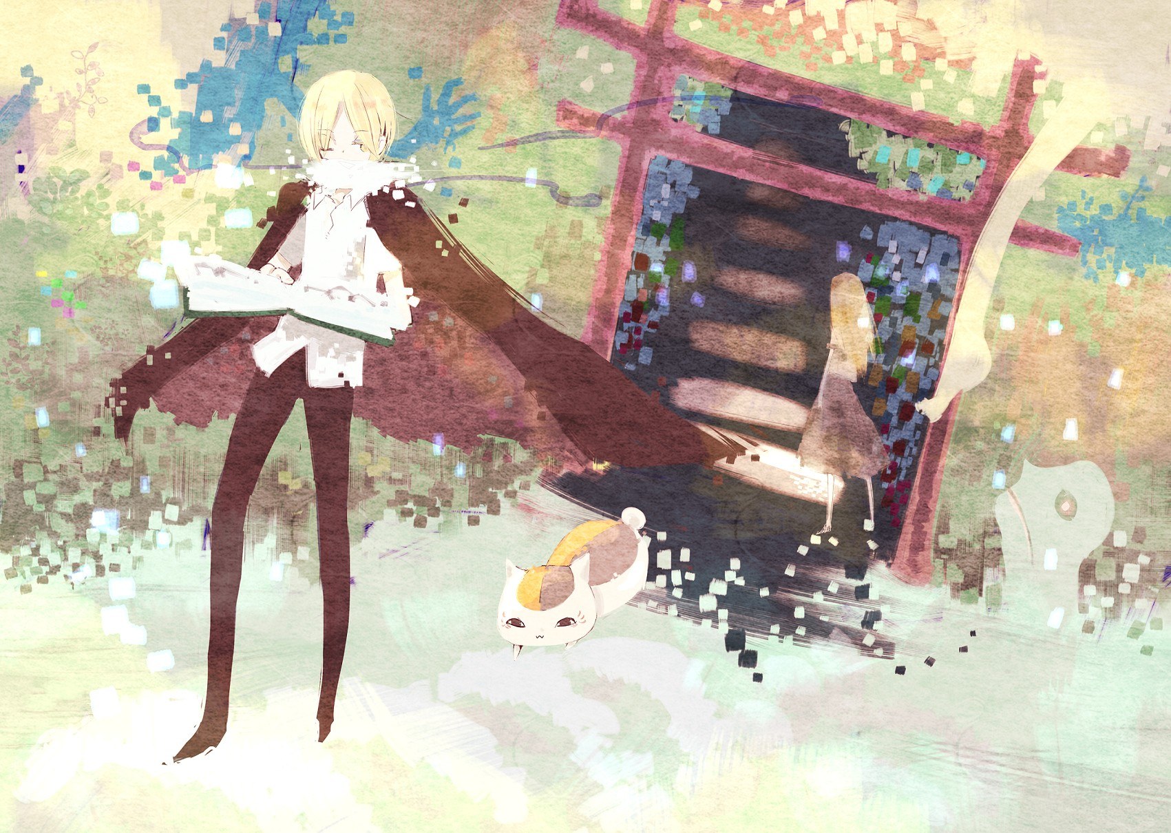 Anime character with cat in garden