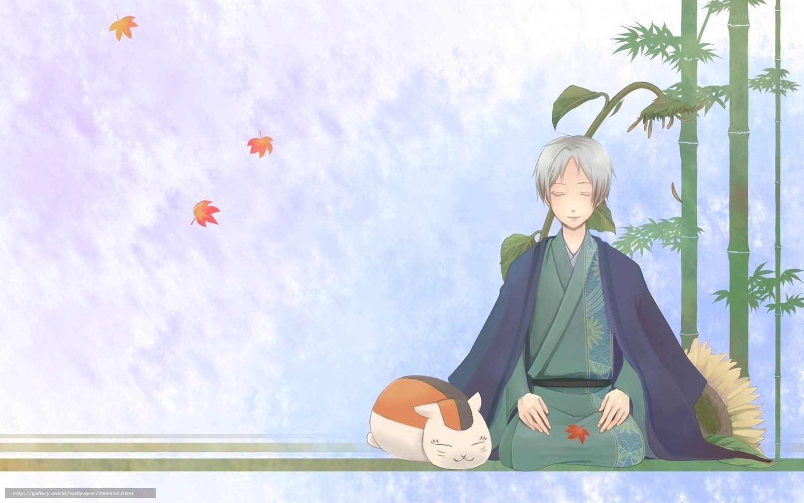 Anime character with cat in garden