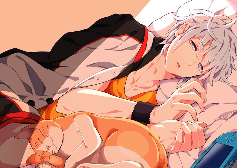 Anime character with cat sleeping