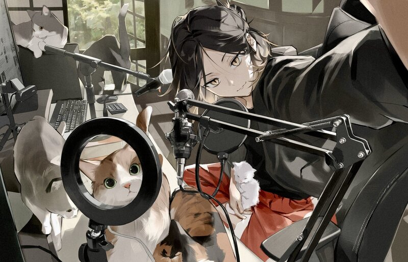 Anime Character with Cats — Black, Calm
