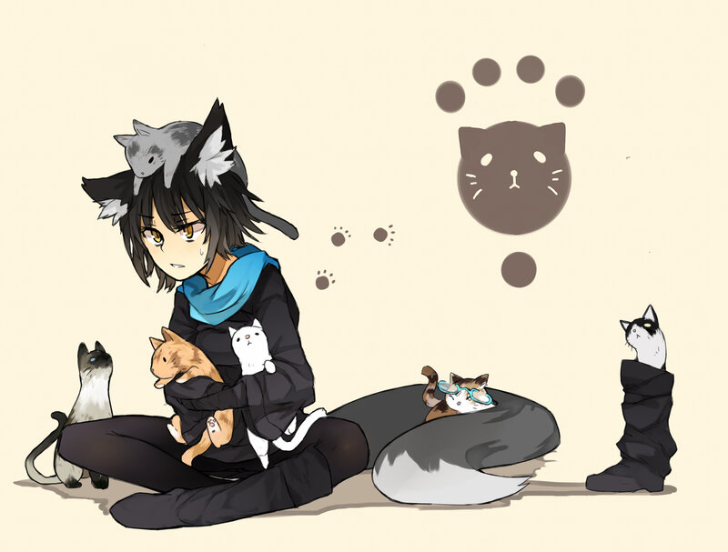 Anime Character with Cats — Black