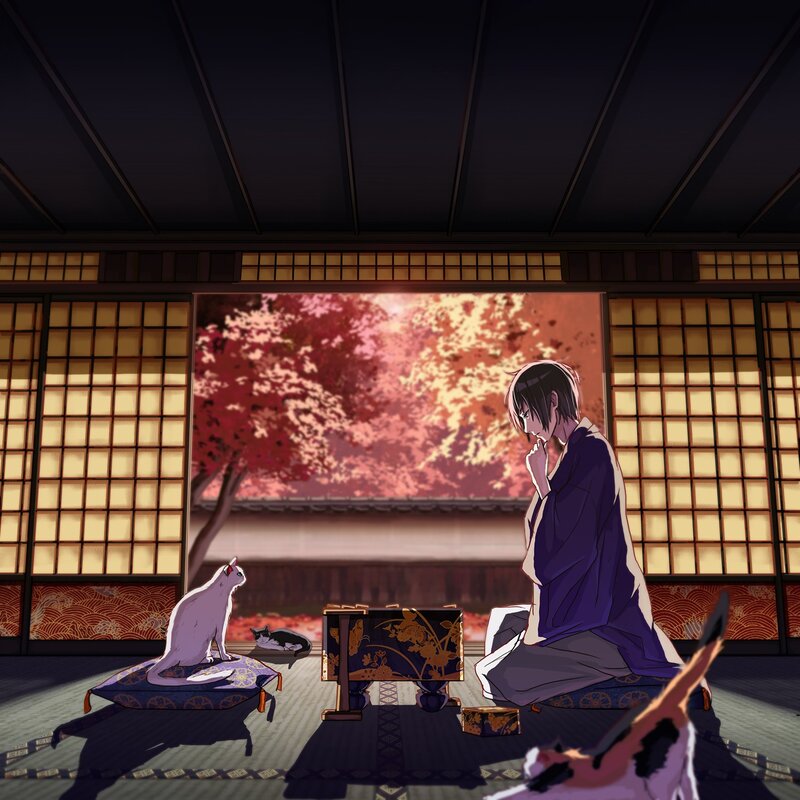 Anime character with cats in a traditional room
