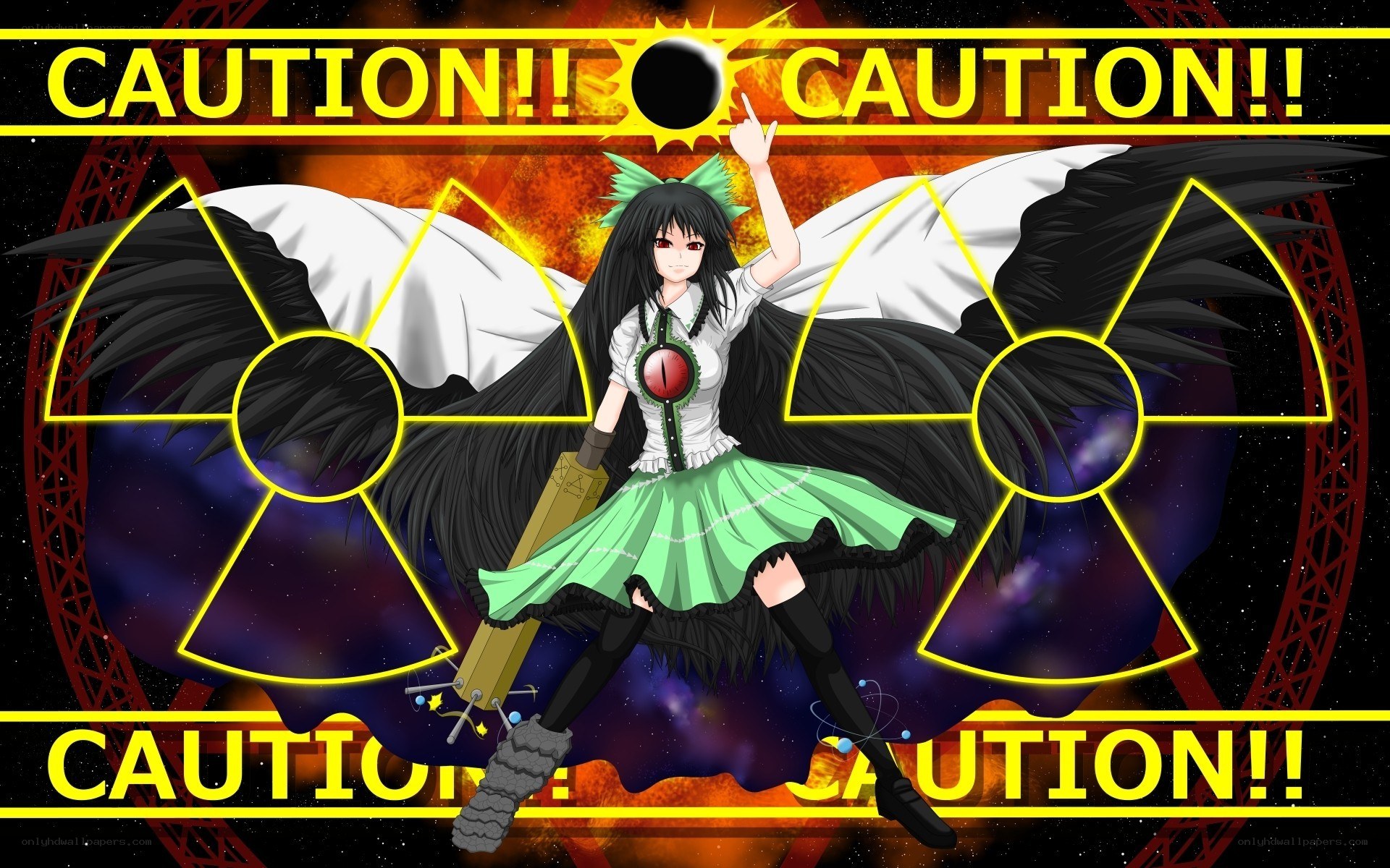Anime character with caution symbols
