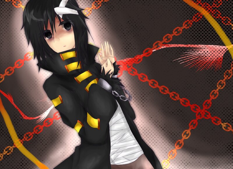 Anime Character with Chains — Black, Dramatic, Digital Art, Bandages
