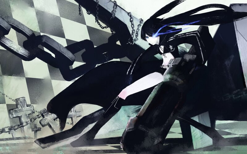 Anime Character with Chains — Black, Dramatic, Digital Art, Crosses, Checkered Floor
