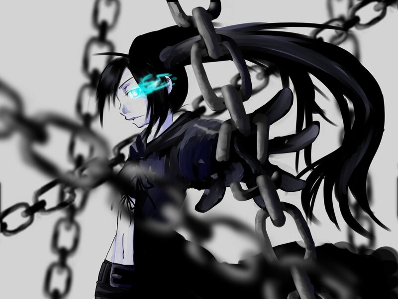 Anime Character with Chains — Black, Dramatic, Digital Art, Glowing Eyes