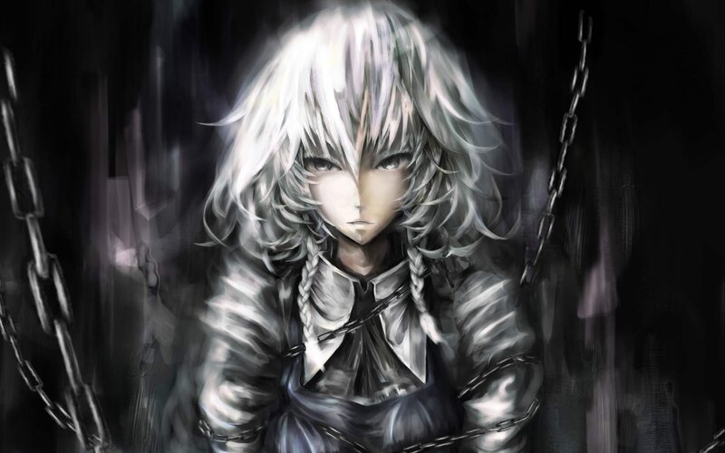 Anime Character with Chains — Black, Dramatic, Digital Art, White Hair