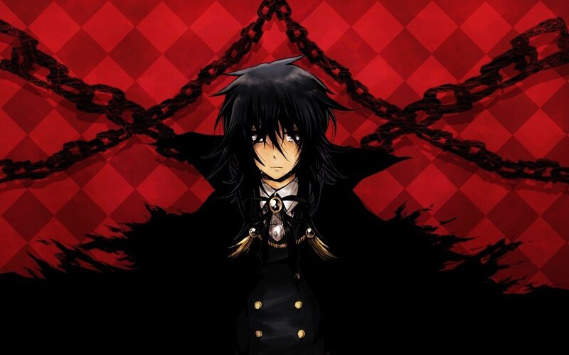 Anime Character with Chains — Black, Dramatic, Red Background