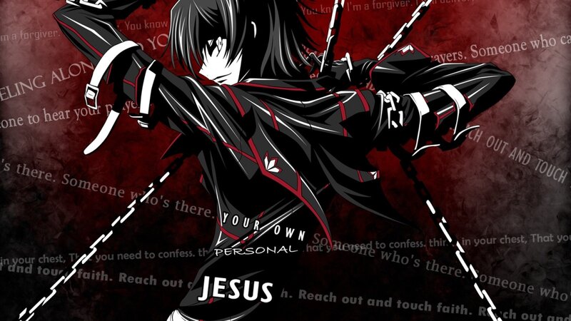 Anime Character with Chains — Black, Dramatic, Text