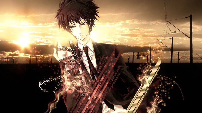 Anime Character with Chains — Brown, Dramatic, Sunset