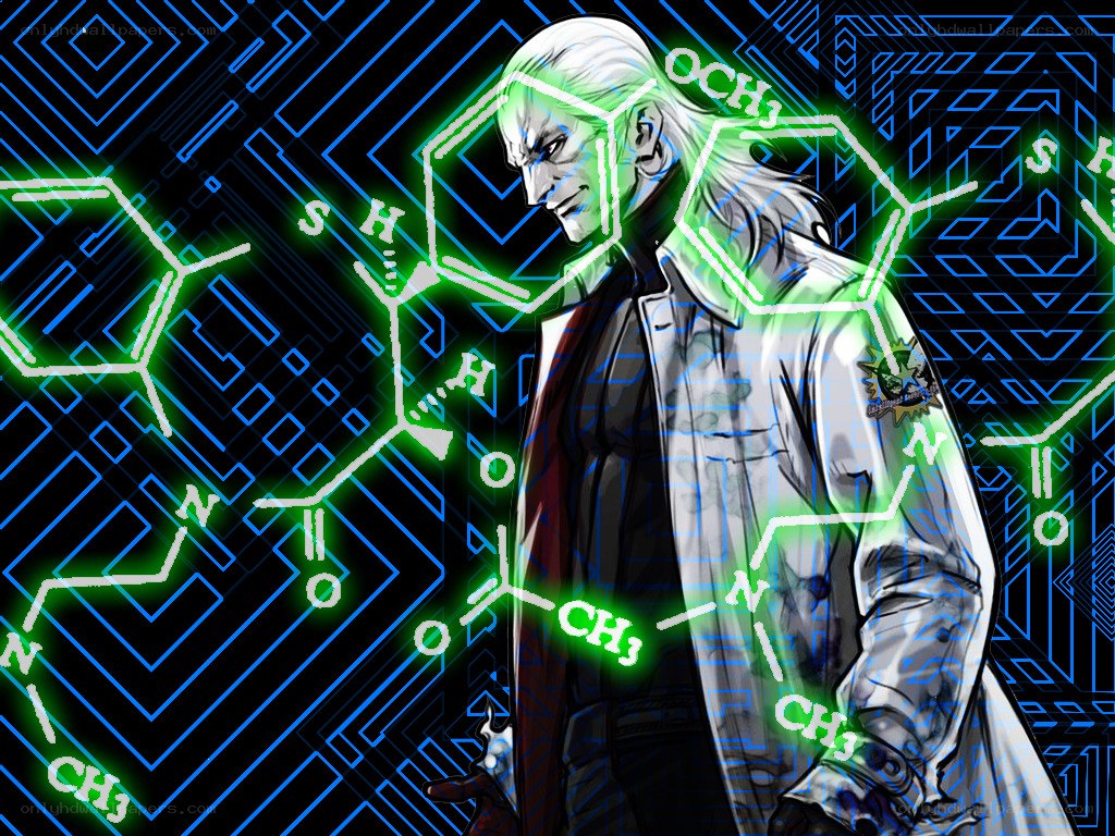 anime character with chemical structures