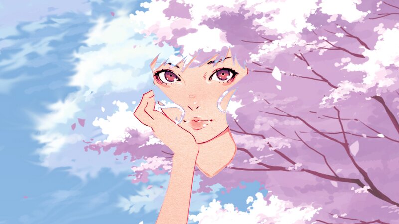 Anime Character with Cherry Blossoms — Purple