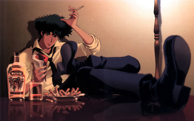 Anime character with cigarette and tequila