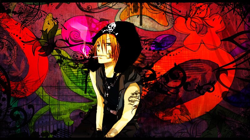 Anime Character with Cigarette — Red, Dramatic, Manga, Tattoo, Skull Hat