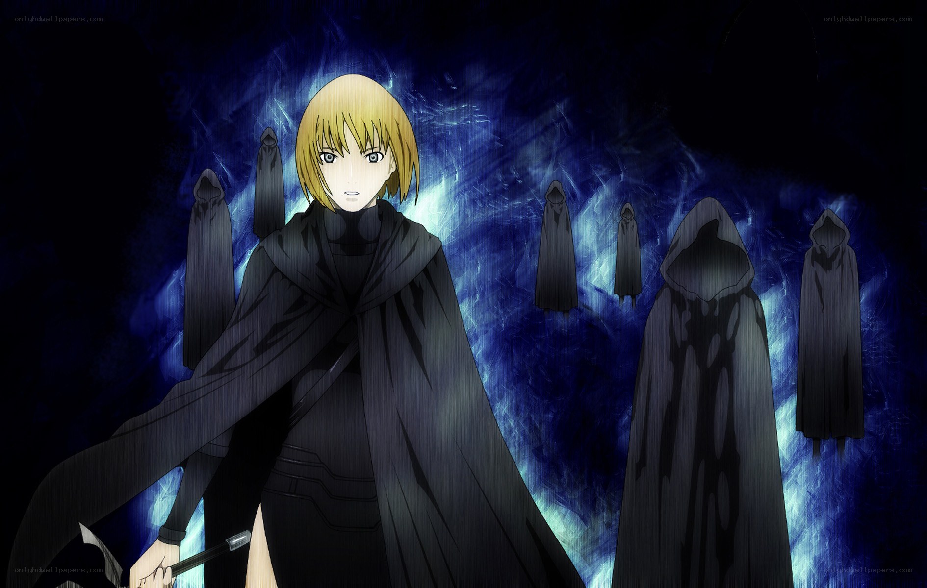 Anime character with cloaked figures
