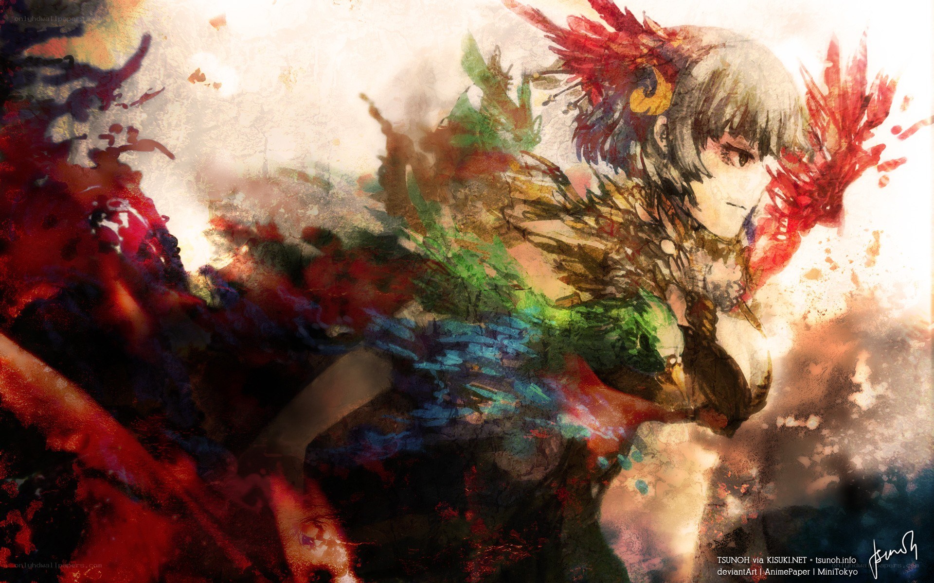 anime character with colorful feathers