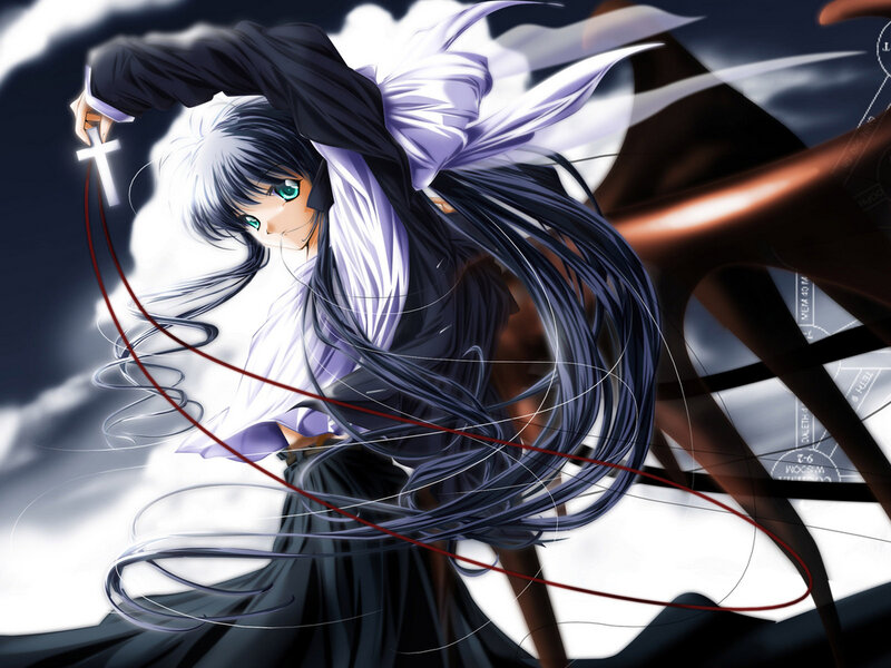 anime character with cross and long hair