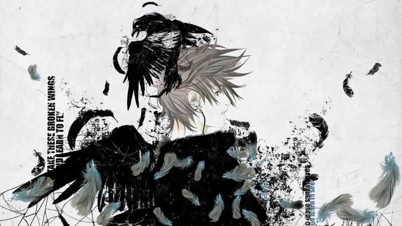 anime character with crow and feathers