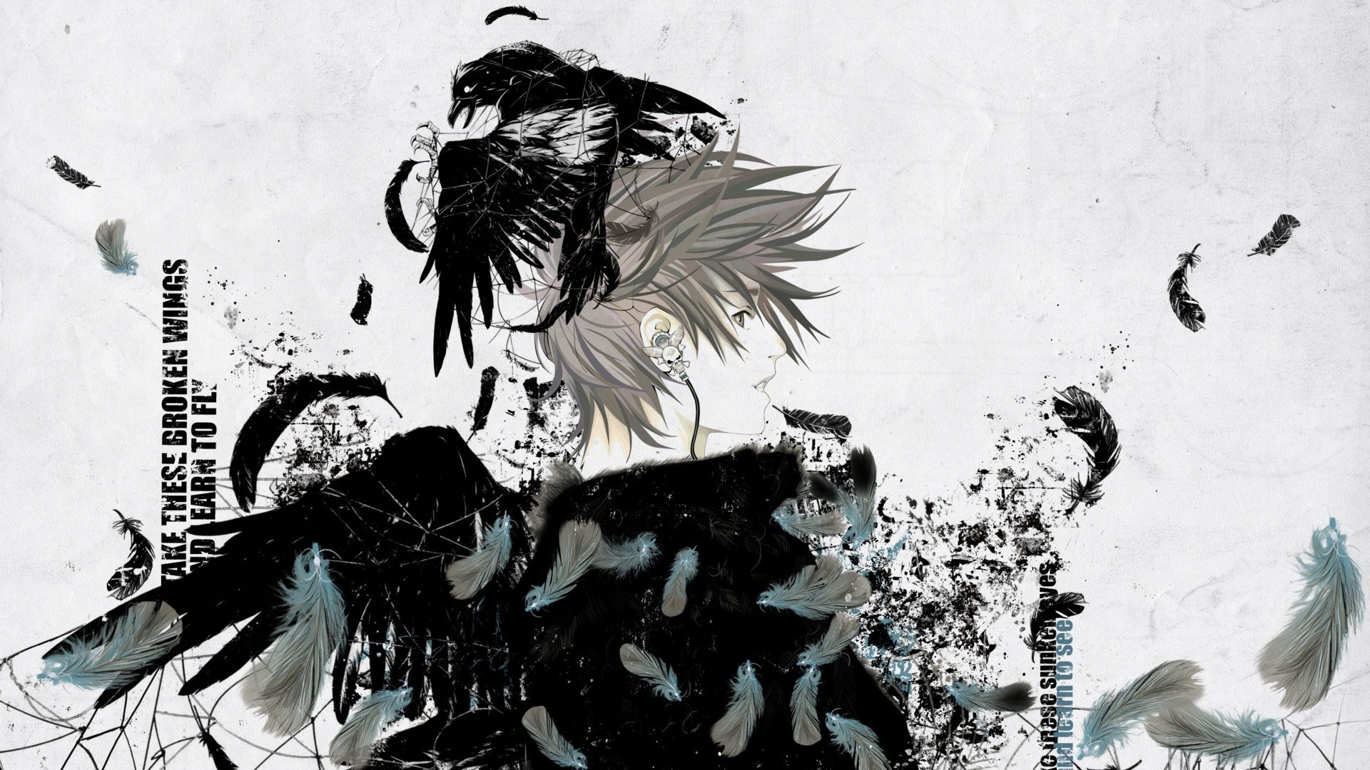 anime character with crow and feathers