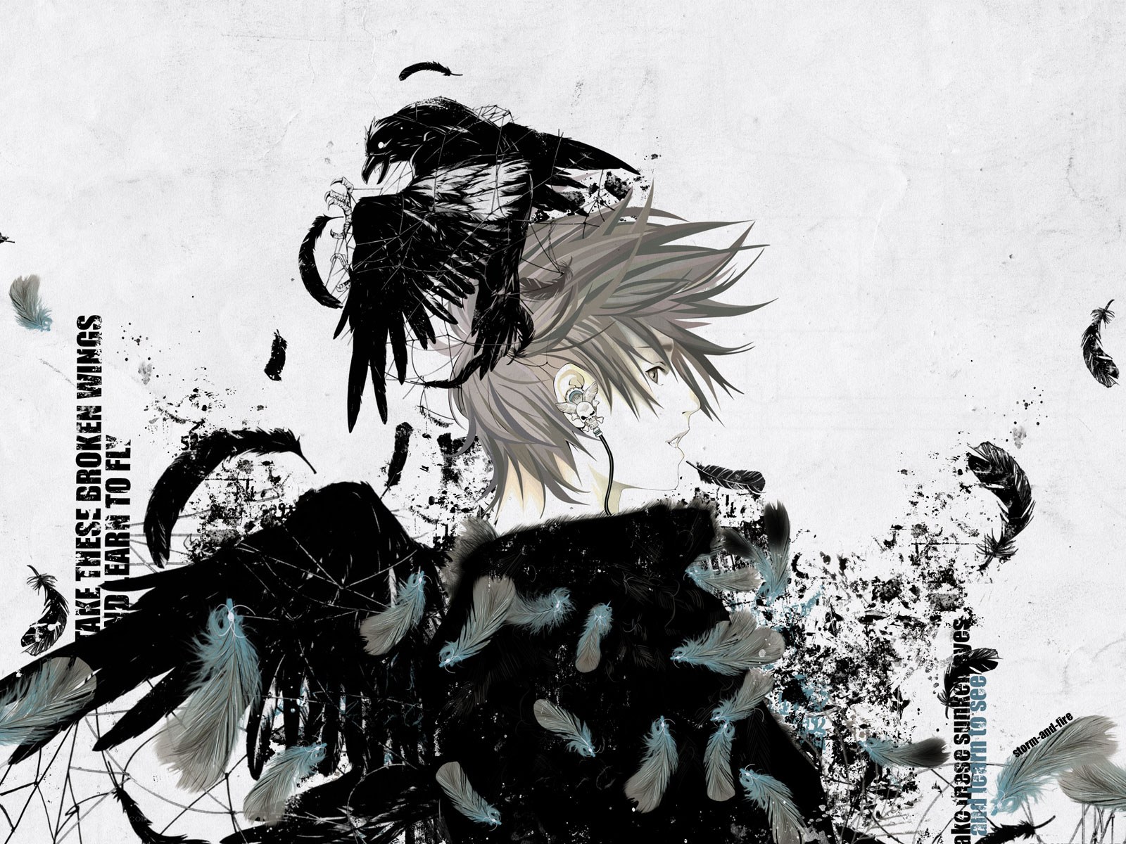 anime character with crow and feathers