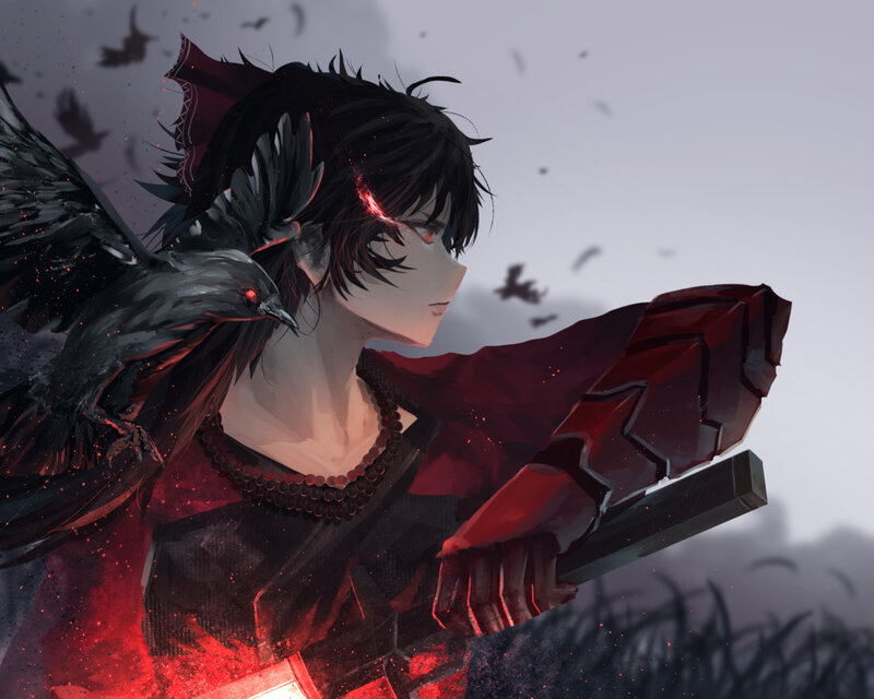 Anime Character with Crow — Black, Dramatic