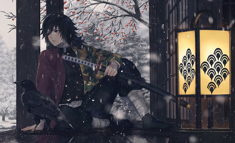 Anime Character with Crow — Black, Melancholic