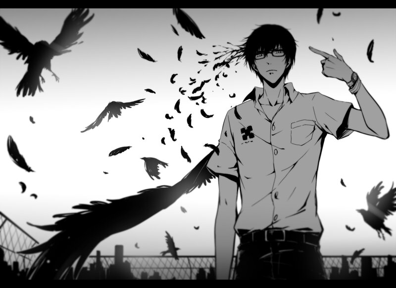 Anime Character with Crows — Black, Dramatic, Sunset