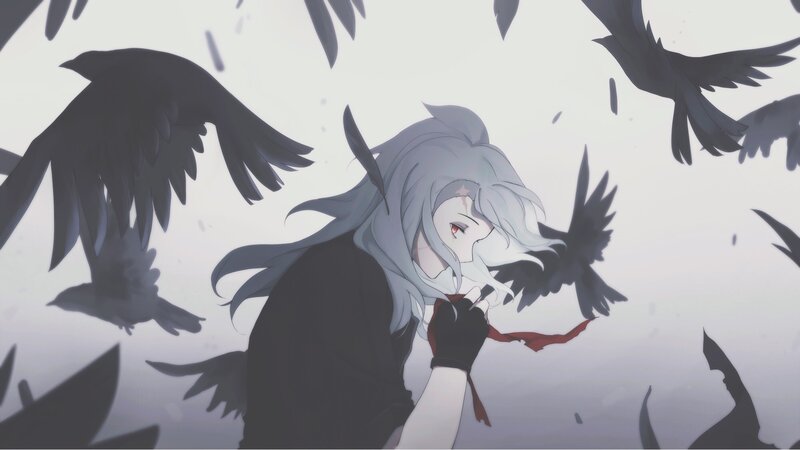Anime Character with Crows — Gray, Dramatic