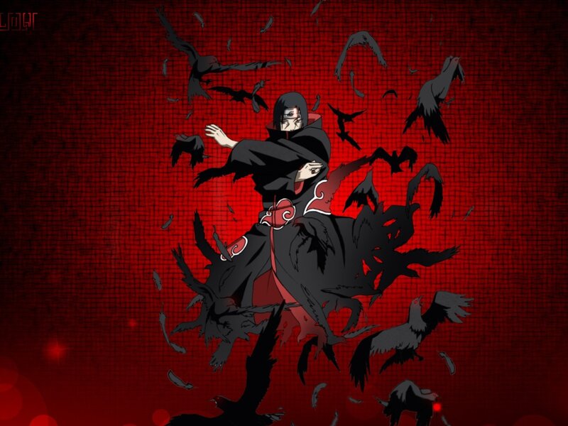 Anime Character with Crows — Red, Dramatic, Cloak, Red Background