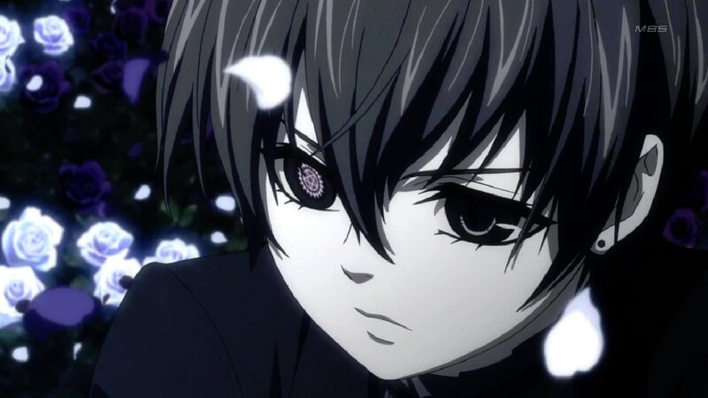 Anime Character with Dark Hair — Black, Dramatic, Night, Roses