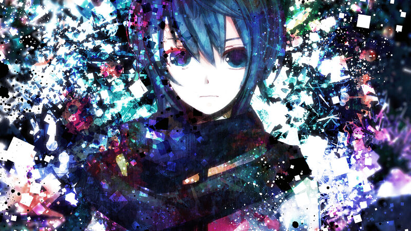 Anime Character with Dark Hair — Blue, Dramatic, Digital Art, Glitch Effect