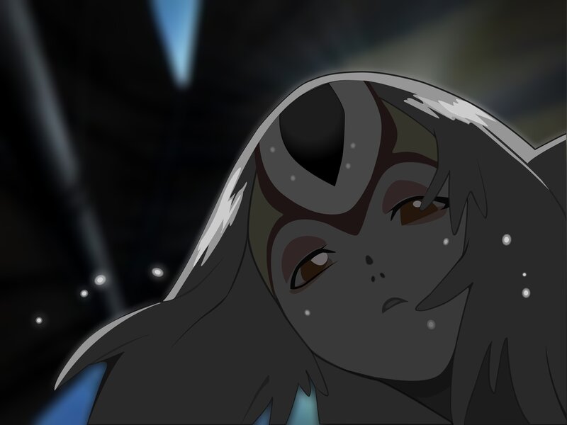 Anime Character with Dark Hair — Gray, Dramatic, Night
