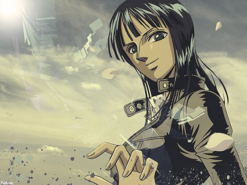 Anime Character with Dark Hair — Gray, Dramatic, Sky