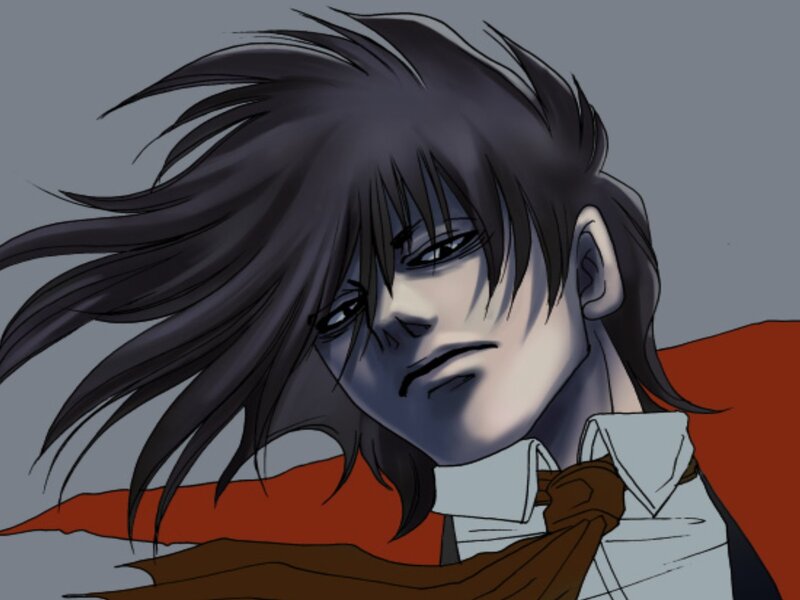 Anime Character with Dark Hair — Gray, Dramatic