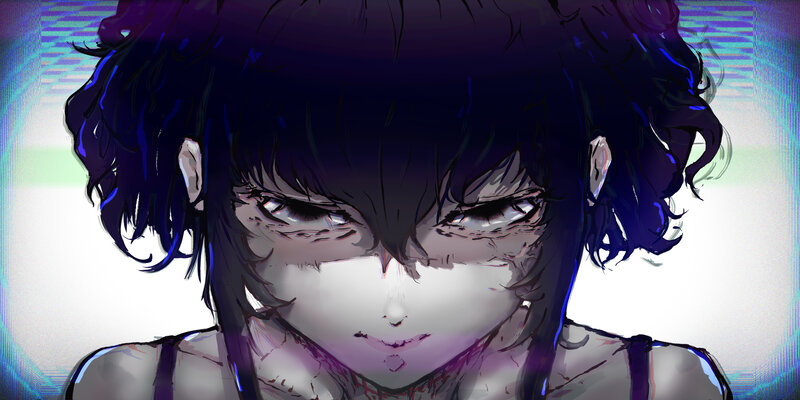 Anime Character with Dark Hair — Purple, Dramatic, Intense