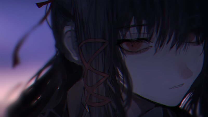 Anime Character with Dark Hair — Purple, Dramatic, Sunset